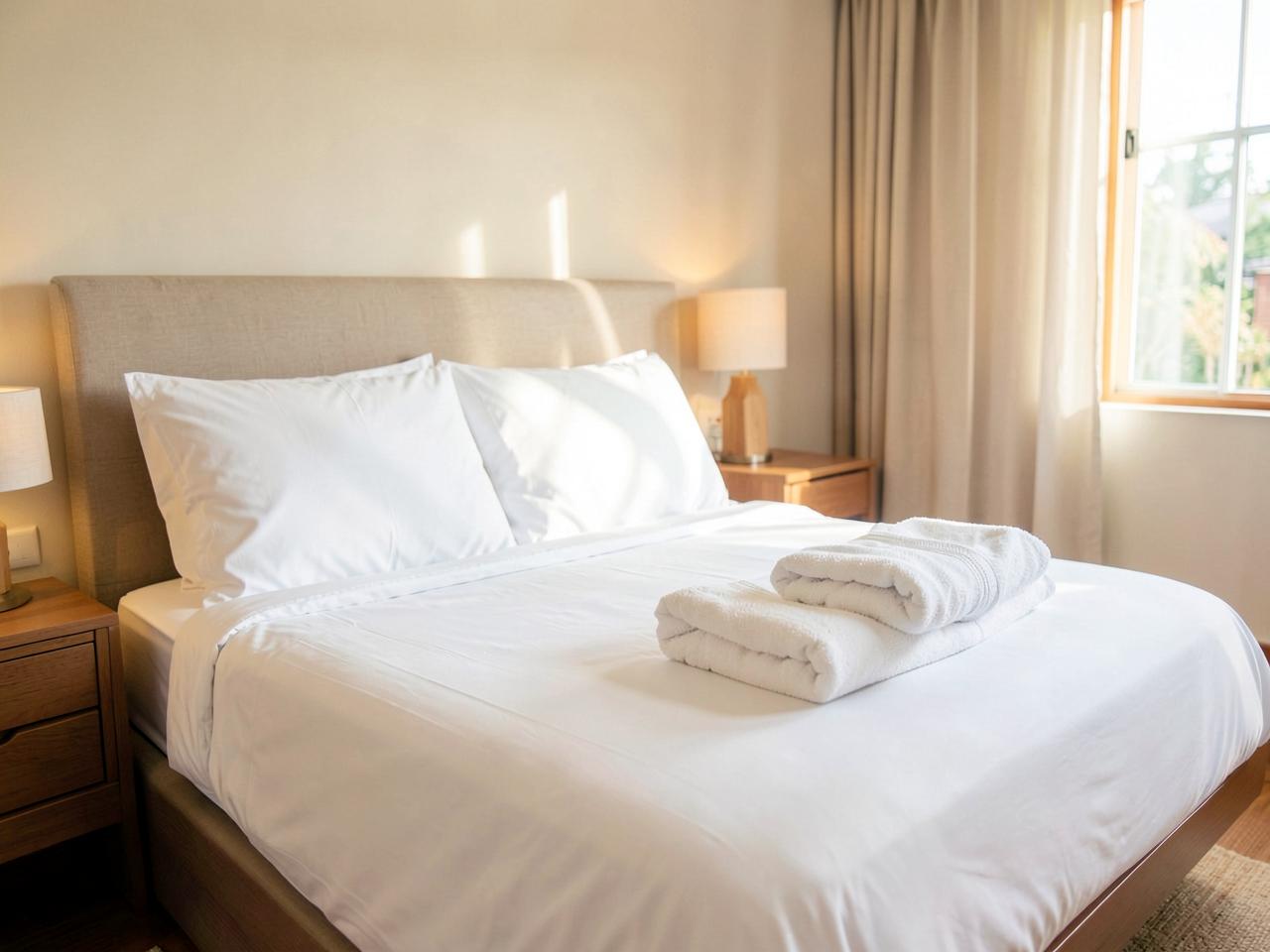 Guest bedroom with crisp linens and folded towels prepared for check-in