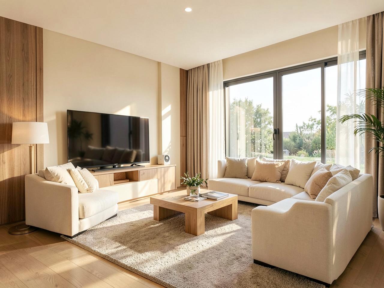 Bright, freshly staged living room in a professionally managed short-term rental